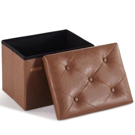 HAUSFRAU Storage Ottoman Foot Rest Stool, Small Folding Ottoman with Storage, Tufted Square Cube Footrest, Faux Leather Retro Brown