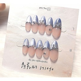[In-store special discount] Spring Bom Blue Magnetic Gel Ribbon Handmade Nail Tips - Coffin Egg / [입점초특가할인]봄봄 블루자석젤 리본 수제네일팁 - 코핀에그
