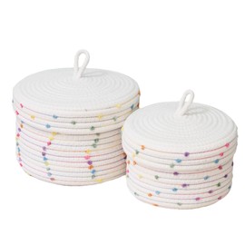Cotton Rope Storage Basket with Lid Set (2 Pieces) - Diameter 22 x 14 cm and Diameter 19 x 11 cm - Decorative Woven Baskets with Colourful Pompom, Multifunctional for Living Room, Bathroom, Office