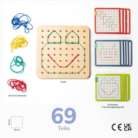 Wuddis Montessori Wooden Geo Board with Rubber Bands - Montessori Toy from 3 Years - FSC Certified, High Safety Standards, 48 Rubber Bands and 40 Pattern Cards