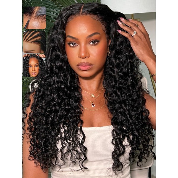 KLAIYI Water Wave Curly Bye Bye Knots Glueless Wigs Human