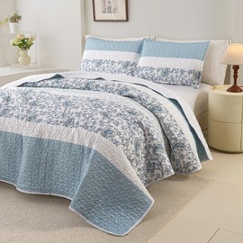 Crossvast Floral Patchwork Quilt Set Queen Size 3 Pieces,Boho Soft Microfiber Quilt Lightweight Coverlet,Bedspread Bedding Set for All Season-90x90inch,Blue Floral