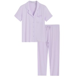 Latuza Women's Petite Pajamas Set Short Sleeve Petite Size Pants M Purple