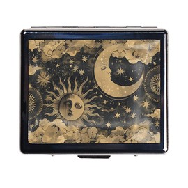 7 Days Chromed Shiny Silver Pill Organizer with Mirror Inside Has 8 Separate Compartments Rectangle 7 Days Pill Box Pill Case (Sun and Moon)