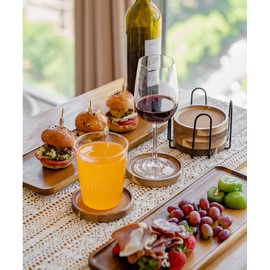 Wood Coasters for Drinks Absorbent with Holder, Acacia Wood Cork Coaster Rustic Coasters for Coffee Table Dining Table Wooden Table Coasters for Farmhouse Desk, Set of 6