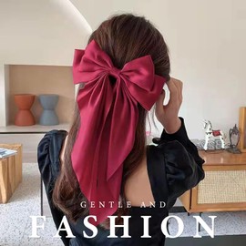 Big Bow Hair Clip, Large Bowknot Hair Barrette with Long Ribbon, Solid Color Silky Satin French Hairpin, Vintage Red Metal Hair Bow Hair Styling Accessories for Christmas Party