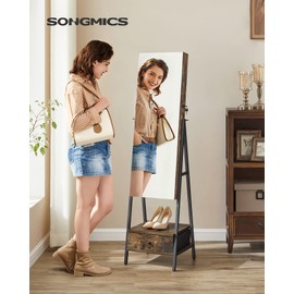 SONGMICS LED Cabinet Standing, Lockable Jewelry Armoire with Full-Length Mirror, Space-Saving Jewelry Organizer with Mirror, Bottom Drawer and Shelf, Gift Idea, Rustic Brown UJJC025X01