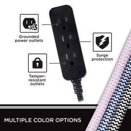 Cordinate 3 Outlet Power Strip Indoor Extension Cord 16 Gauge 10 Ft 3 Prong Braided Extension Cords Flat Extension Cord ETL Listed Black 42024