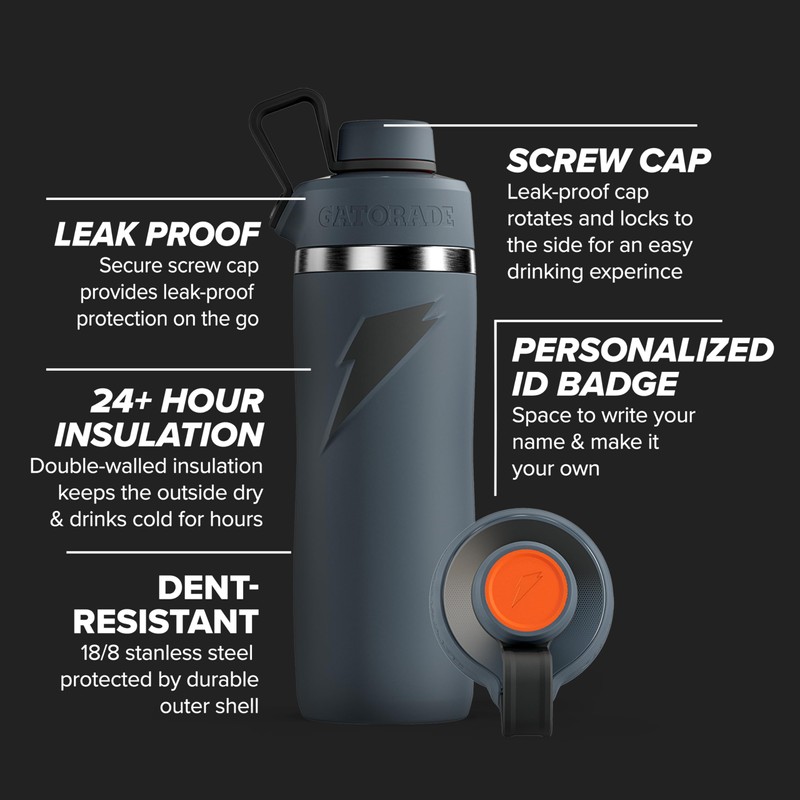Gatorade 'Overtime' 32oz Stainless Steel Water Bottle, Twist Cap, Black