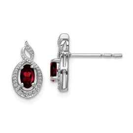 Real 925 Sterling Silver Garnet January Red Gemstone and Diamond Studs Post Earrings - 13mm x 7mm (.01 cttw.)