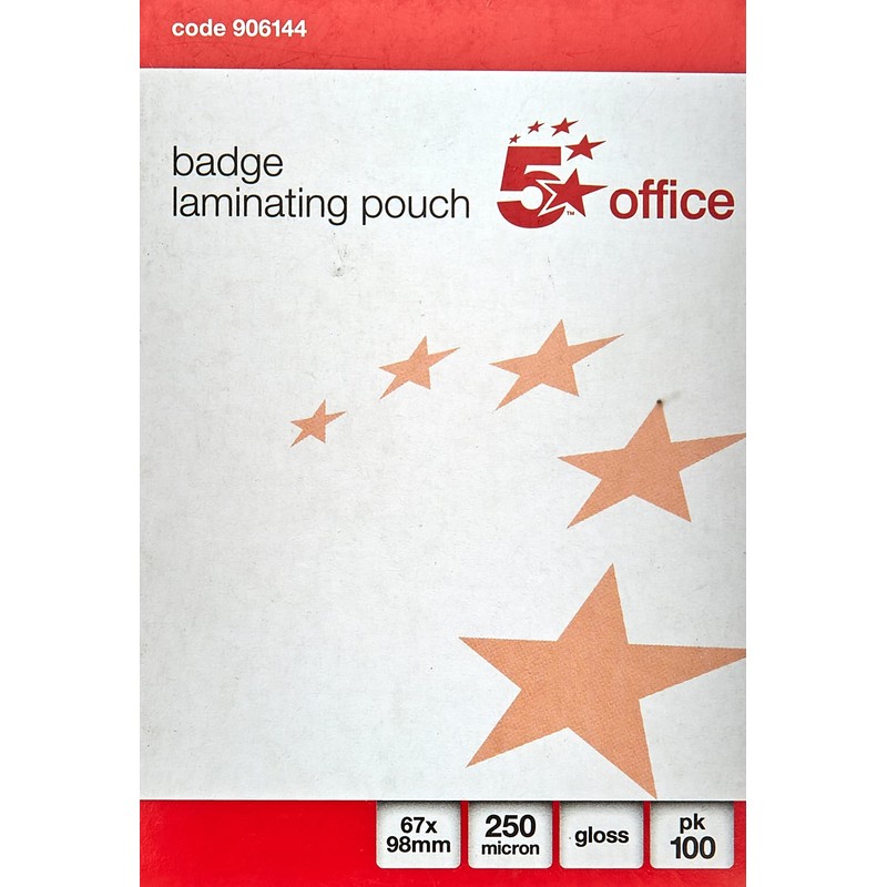 5 Star Laminating Pouches 250 Micron for Badge size [67x98mm]