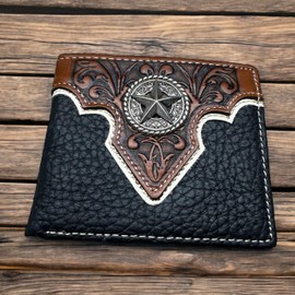 Western Stakes Mens Wallet Floral Tooled Lone Star Concho Embossed Cowboy Western Leather Wallet High End Leather Mens Wallets Leather Rodeo Gifts For Men (Black)