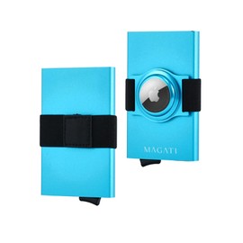 MAGATI AluGuard RFID Card Case - Slim Wallet Aluminium with RFID Protection - Compact Card Holder for Men and Women for up to 7 Cards, blue, Card case + elastic strap with AirTag compartment