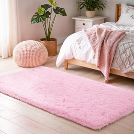 BEIMO Fluffy Faux Fur Bedside Rug 60x110cm, Soft Shaggy Rugs for Bedroom, High Pile Rugs, Non Shedding Plush, Solid Colour Shaggy Rug for Living Room, Pink