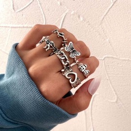 Sttiafay Vintage Skull Butterfly Knuckle Rings Punk Silver Chain Joint Rings Stackable 6 Pcs Midi Finger Ring Set Jewelry for Women and Men