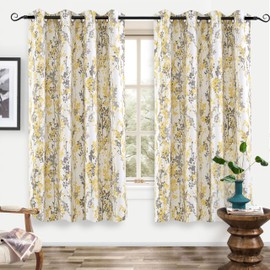 DriftAway Leah Abstract Floral Blossom Ink Painting Room Darkening Thermal Insulated Grommet Unlined Window Curtains 2 Panels Each Size 52 Inch by 63 Inch Golden Yellow Silver Gray