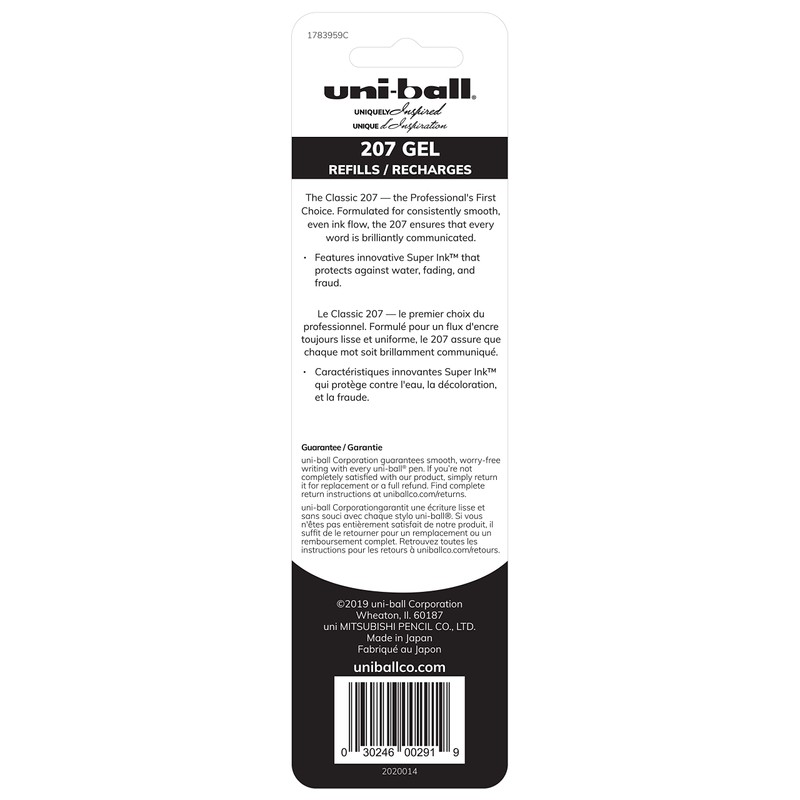 uni-ball Signo 207 Gel Pen Refill Ink, .5mm, Black, 2/Pkg.