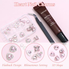 YAEISM Pink Heart Nail Charms 3D Crystal Planet Charms Nail Shiny Nail Art Charms Kits with Glue Gel, Tweezer for Nail Art and DIY Crafts Decoration