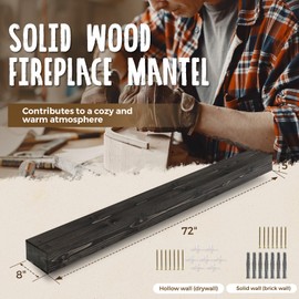 ABSWHLM 72x8x5 Fireplace Mantel - Handcrafted Hollow Rustic Solid Wood Wall Mounted Floating Shelf with Invisible Heavy Duty Wood Bracket (Weathered Black)