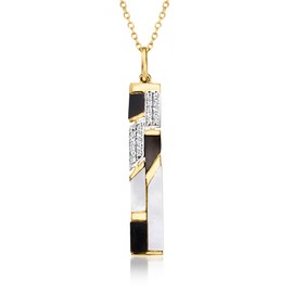 Ross-Simons Mother-Of Pearl and Onyx Pendant Necklace With .10 ct. t.w. White Topaz in 18kt Yellow Gold Over Sterling. 18 inches