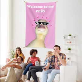 Welcome to My Crib Dazzling Color Tapestry, 3x5Ft Funny Duck Hanging Flags Polyester Duck Face Backdrop Tapestry Flag with 4 Brass Grommets for Dorm Room Home Decor (Pink)