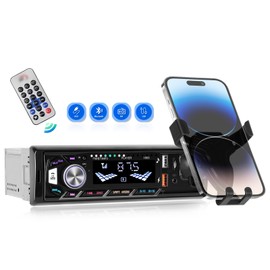 CAMECHO 1 Din Car Radio Bluetooth Handsfree, Single Din Car Stereo System with Phone Holder and Remote Control, MP3 Player Support FM Radio, Dual USB TF AUX Input, Colorful Lighting