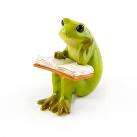 Poranlem Decorative Reading Frog Figurine Mini Resin Green Frog Garden Statue Book-Loving Frog Ornament Fairy Yard Planter Car Home Shelf Decor 1.8” in Height ﻿