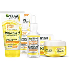 Kit Garnier Express Aclara Rutina anti manchas con Vitamina C: Sérum facial, crema hidratante y gel limpiador, 3 piezas. Hidrata, ilumina y unifica el tono de la piel