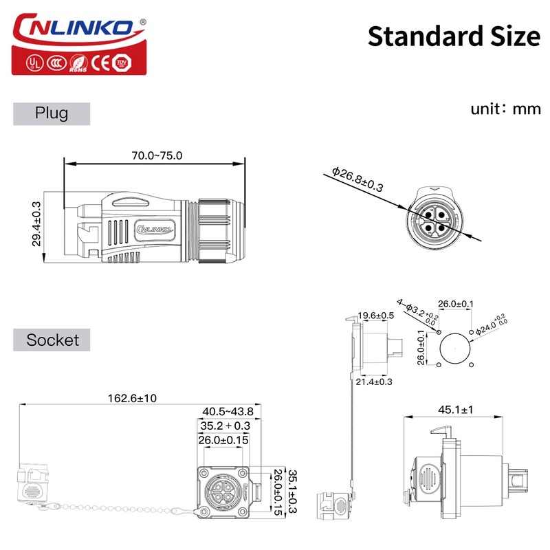 CNLINKO BD-24 4-Pin Industrial Waterproof Plug, IP68 Bullet Plug, Carbide