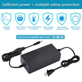 Minidodoca DC 12V 5A Power Supply Adapter Converter Transformer AC 100-240V Input with 5.5x2.5mm DC Output Jack for 5050 3528 LED Strip Module Light, Security Camera System, CCTV, Routers