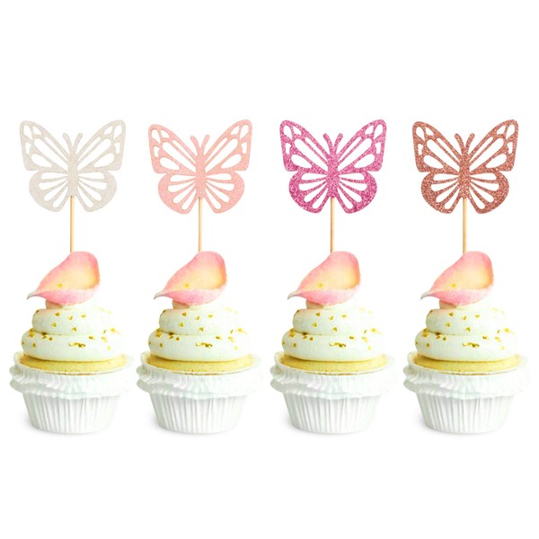 Ercadio - Juego de 48 adornos de mariposa montados para magdalenas, diseño de mariposas, colores con purpurina