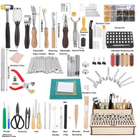 Leather Work Tools Kit Cutting Mat Hammer Pin Buckle Rivet Sewing Leather Craft Tools Sets With Storage Rackcolor: as picture show, size: as picture show