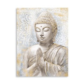 Gold Buddha Wall Art Decor: Small Laughing Buddha Painting with Mandala Flower and Gold Leaf Buddha Pictures for Living Room Bedroom Yoga Room Buddhist Meditation Room Home Decorations 12x16inch