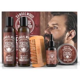Viking Revolution Ultimate Conditioner for Men's Beard Grooming - Softens, Smoothes and Soothes Beard Itch- Contains Wash, Conditioner, Oil, Balm and Comb- Sandalwood Scent