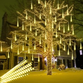 Aluan Christmas Lights Outdoor Meteor Shower Rain Lights, 40cm/16inch 10 Tubes 360 LEDs Waterproof Falling Rain Hanging Lights with UL Plug for Christmas Holiday Party Home Garden Decor, Warm White