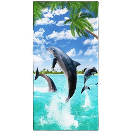 Violetpos Quick Drying and Lightweight Beach Towels, Beach Towel, Large, 90 x 180 cm, Quick-Drying Microfibre, Printed with Dolphins, Palm Trees, Hawaii