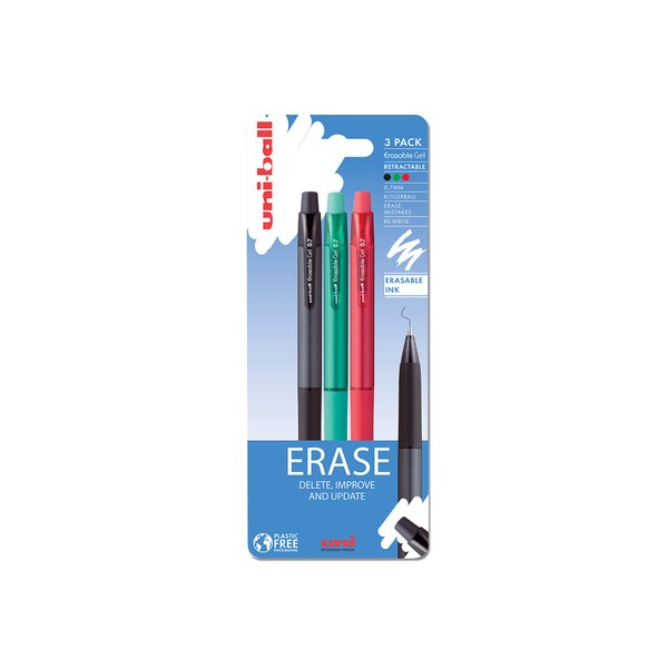 Uni-Ball URN-181-07 On Point Erasable Ballpoint Sky Black, Green and Red Gel Pens. Premium 0.7mm Rollerball Tip for Smooth Handwriting. Easy-Retract Eraser for Secure and Stable Rubbing Out. Pack of 3