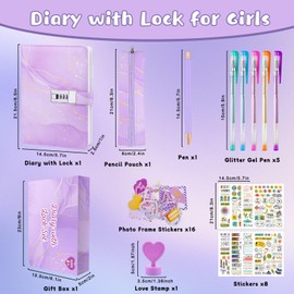 Coosilion Diary with Lock Girls Gifts 7 8 9 10 11 12 13 Years, Diary with Code Christmas Gifts for Girls Teenagers Age 7-14, Notebook Girls Pencil Case Sticker Pen Photo Frame