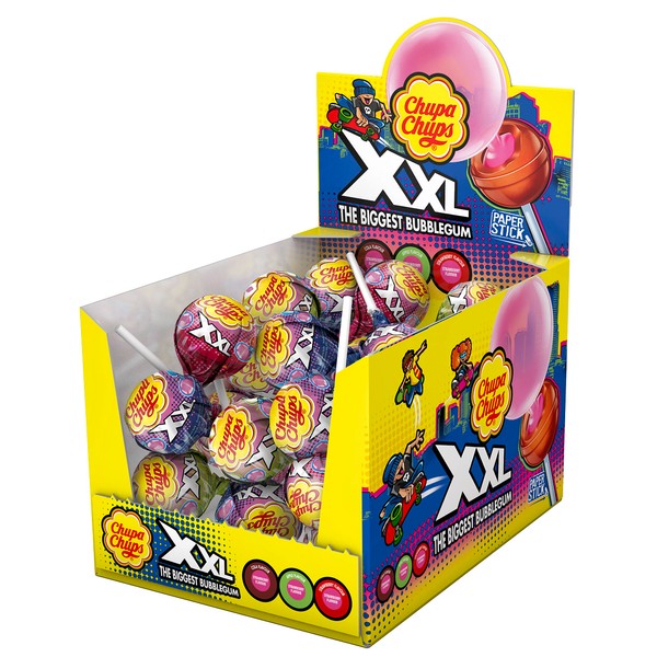 Chupa Chups XXL Big Bubble Gum Lollipop, Display Contains 25 Lollipops with Strawberry Chewing Gum Core in 3 Delicious Varieties Strawberry, Apple & Cola, for Christmas, 25 x 29 g
