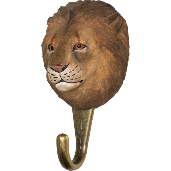 WILDLIFEGARDEN Wildlife Garden WG4532 Lion Hook - Hand Carved Animal Hook Made of Wood and Metal - Collection of African Animals