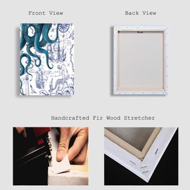 Nautical Ocean Wall Art, Coastal Canvas Print with Octopus and Ships, Blue Marine Life Artwork Decor for Bathroom, Coastal Bedroom, Living Room or Beach House 12 x 16 inches