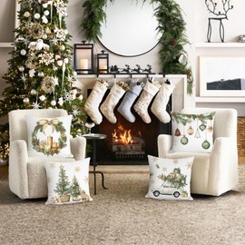 Bonhause Christmas Cushion Covers 45 x 45 cm Xmas Trees Balls Pine Leaves Cones Truck Decorative Throw Pillow Covers for Sofa Couch Bed Home Winter Holiday Decor Set of 4