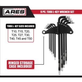 ARES 70257 - Extra Long Ball End Torx L-Key Set - 9-Piece Set Includes Sizes T10-T50 - Anti-Slip Textured Black Coating & Premium S2 Steel Construction - Storage Case Included