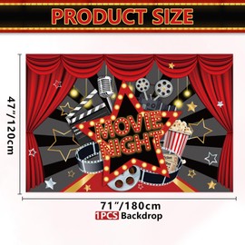 Movie Night Decoration, Movie Night Banner Backdrop for Movie Night Party Red Carpet Birthday Party Supply, Movie Theater Theme Party Decoration, 180x120cm