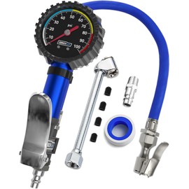 Tire Pressure Gauge with Inflator and Longer Hose - Most Accurate, Heavy Duty Air Chuck with Gauge for Air Compressor Tire Inflator Attachment - 100PSI
