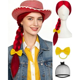 ESUNO 25Inch Red Braided Wig Cowgirl Wigs Red Cowboy Wig