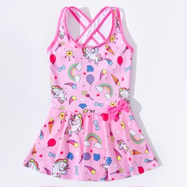 MZSYLK Girls Unicorn Swimming Costume Cute One Piece Swimwear Children Bathing Suit Thick Strap Pink