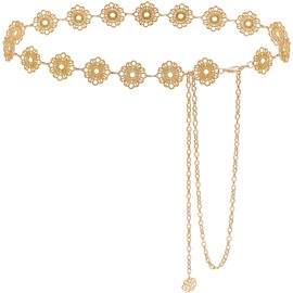 Liutufy Small Flower Metal Belt Chain - Adjustable Waist Chain for Women's Dresses (Gold Flower S)