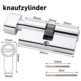 Hengsong Knob Cylinder, Cylinder Lock 30/30, Lock Cylinder with Knob for Front Door, Front Door, Security Lock, Garden Gate Lock, Front Door Lock, Approx. 6 cm x 1.68 cm x 3.28 cm, Silver