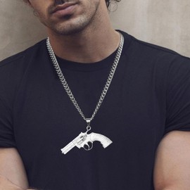 AsAlways Large Gold Plated Revolver Gun Shape Pendent Inlay CZ Pistol Design Necklace for Hip Hop Men Perfect Military Jewelry Gift with 9mm Cuban chain(Silver)
